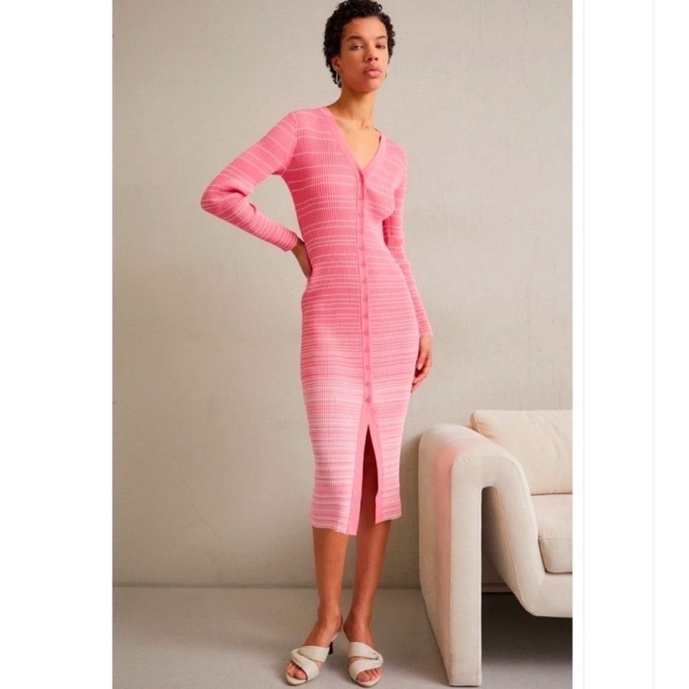 STAUD Pink Striped Ribbed Button-Front Midi Dress